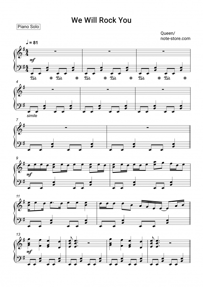 Búho Lógico Arriba Queen - We Will Rock You sheet music for piano download | Piano.Solo SKU  PSO0009559 at