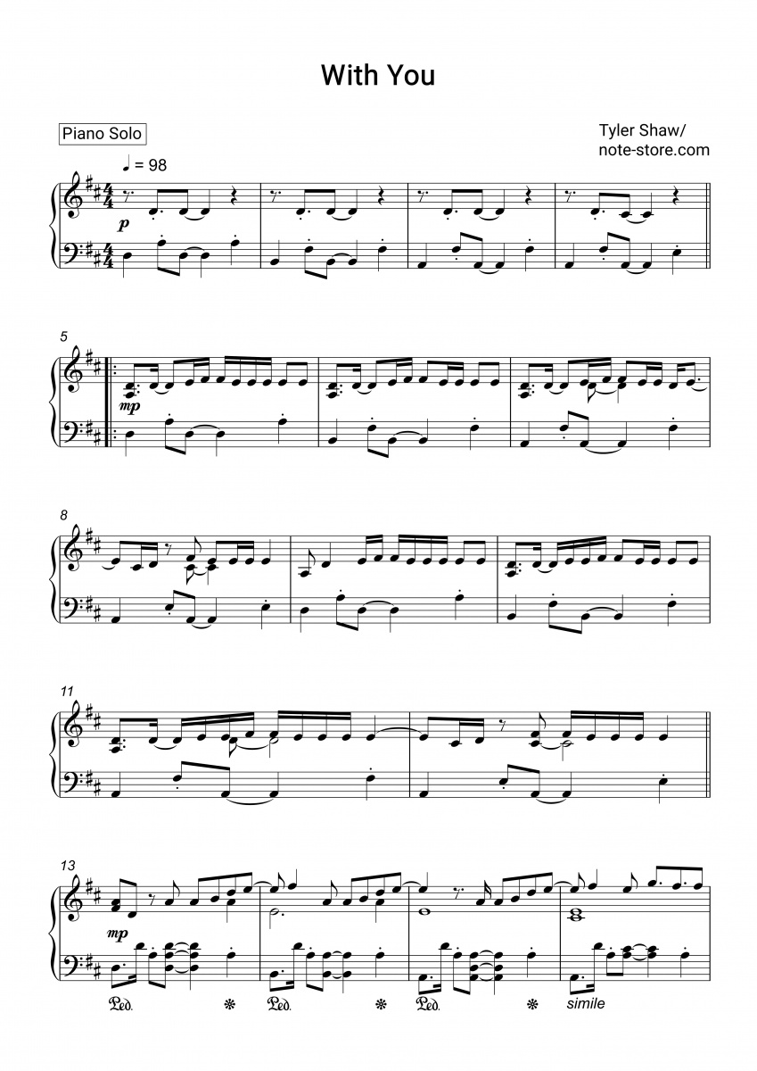 Tyler Shaw - With You sheet music for piano download | Piano.Solo SKU ...