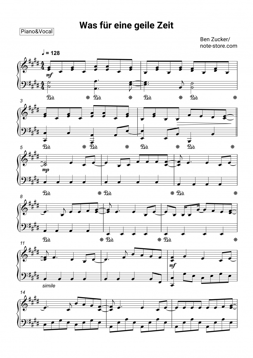 Ben Zucker Was für eine geile Zeit sheet music for piano download Piano.Solo SKU PSO0095006 at