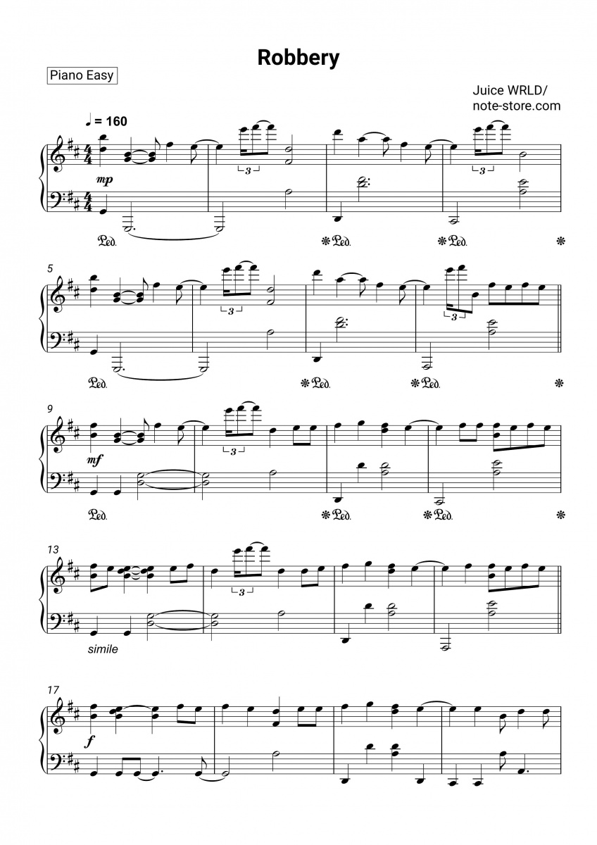 Juice WRLD - Robbery sheet music for piano download | Piano.Easy SKU