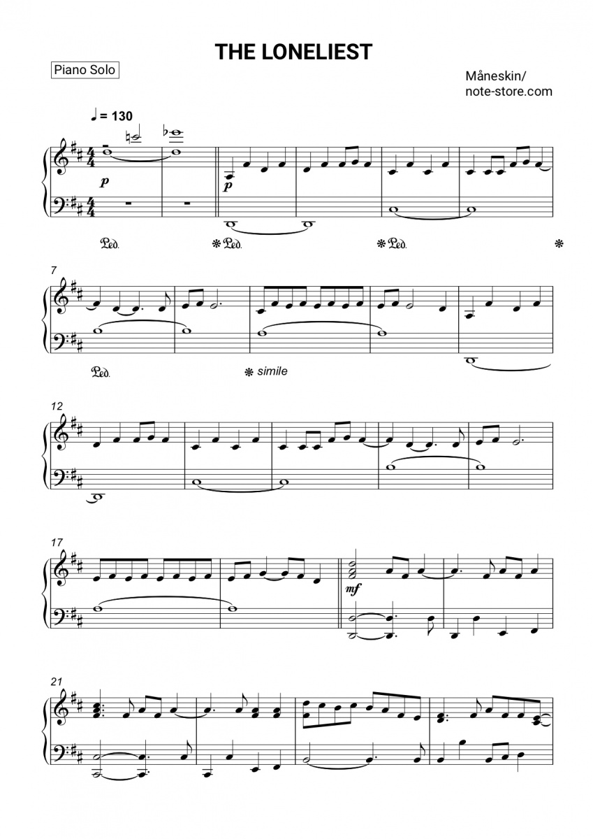 Måneskin - THE LONELIEST piano sheet music