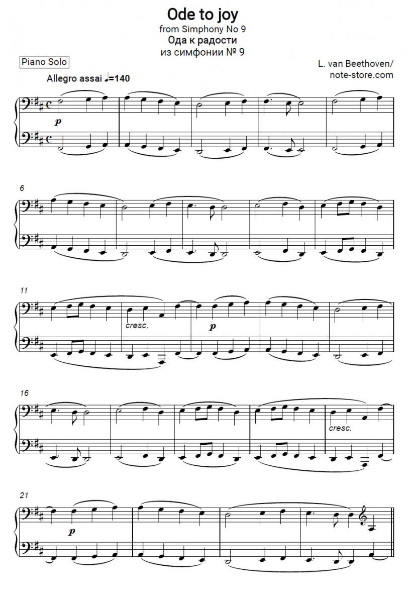 Ludwig van Beethoven - Ode an die Freude (The Symphony No. 9 in D minor, Op. 125) piano sheet music