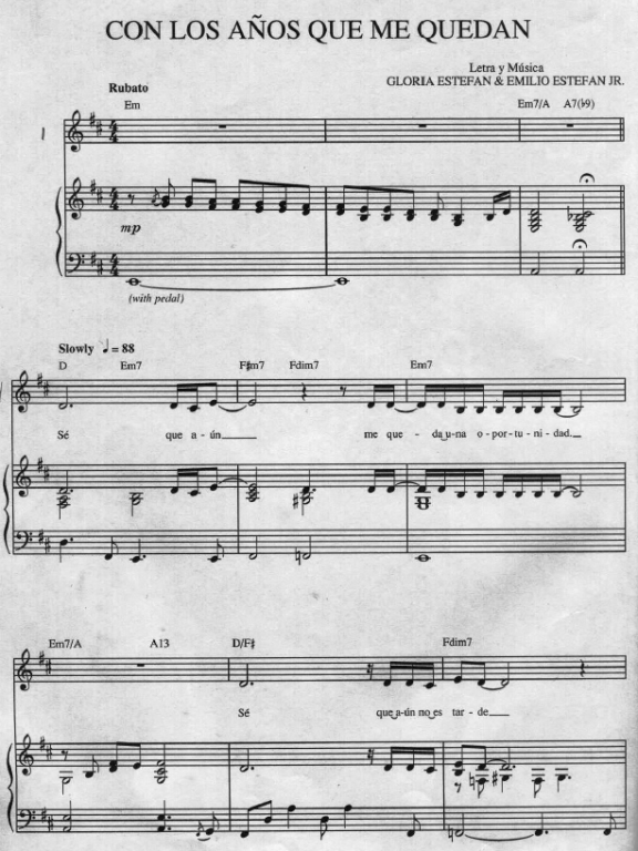 Gloria Estefan - Con los Años Que Me Quedan piano sheet music