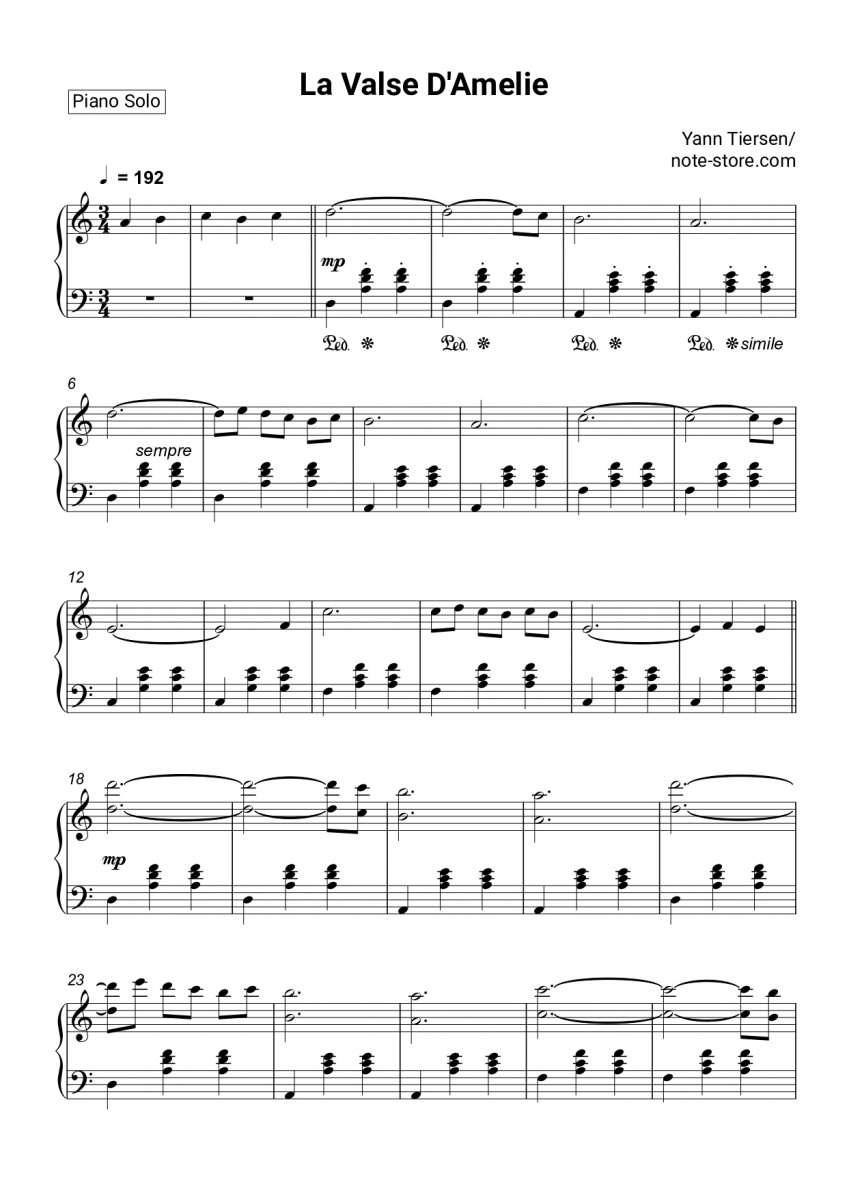 Yann Tiersen - La Valse D'Amelie sheet music for piano download | Piano ...