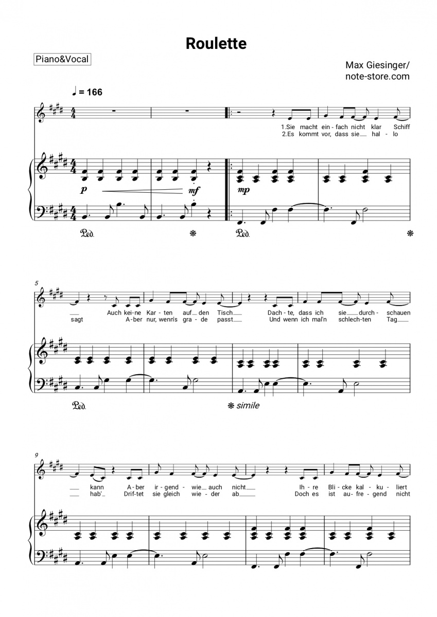 Max Giesinger Roulette Sheet Music For Piano With Letters Download Pianoandvocal Sku Pvo0040595 At 9195