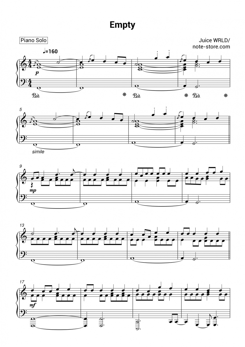 Juice Wrld Empty Sheet Music For Piano Download Piano Solo Sku
