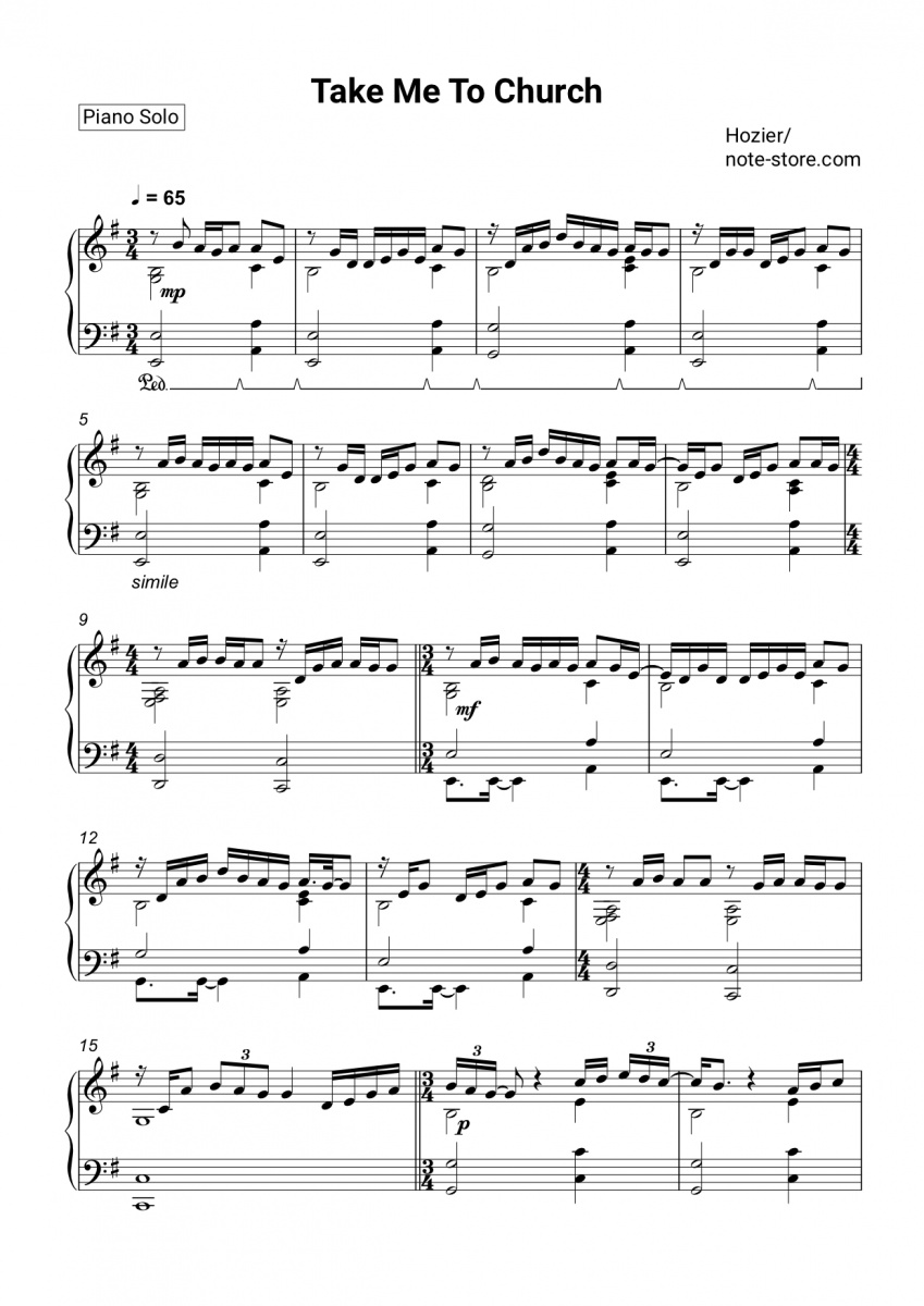 Hozier - Take Me To Church Sheet Music For Piano Download | Piano.solo Sku Pso0004293 At Note-Store.com