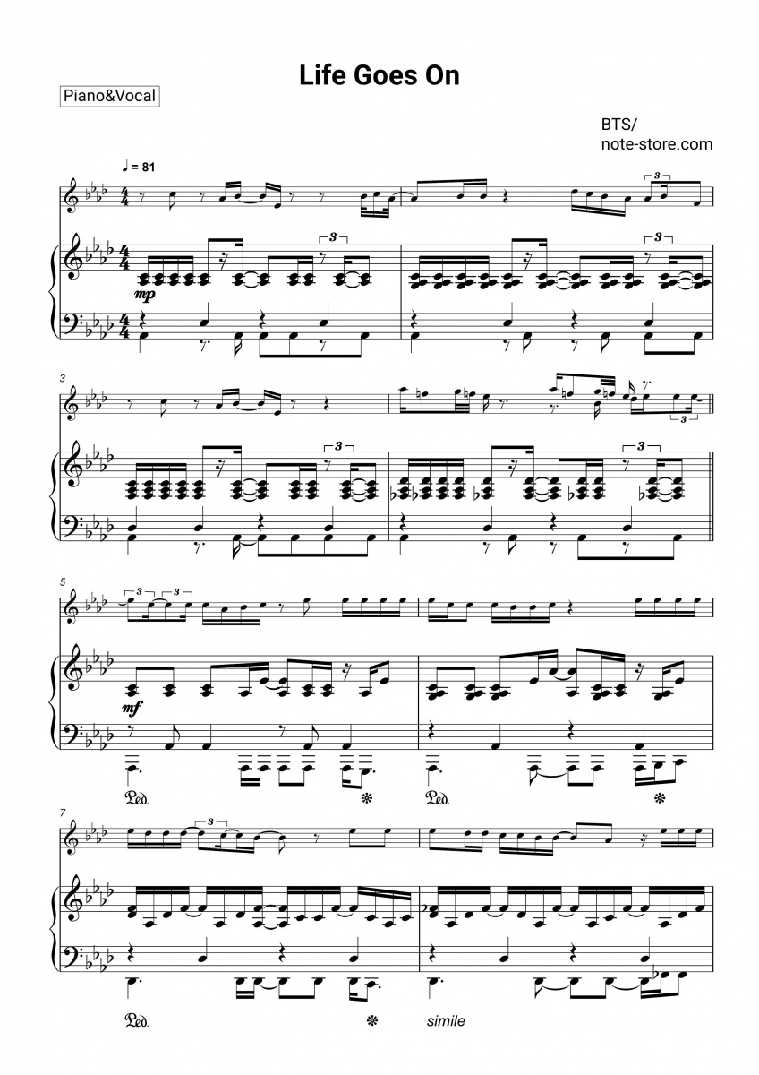 Infidelidad Punto de partida innovación BTS - Life Goes On sheet music for piano with letters download |  Piano&Vocal SKU PVO0043598 at