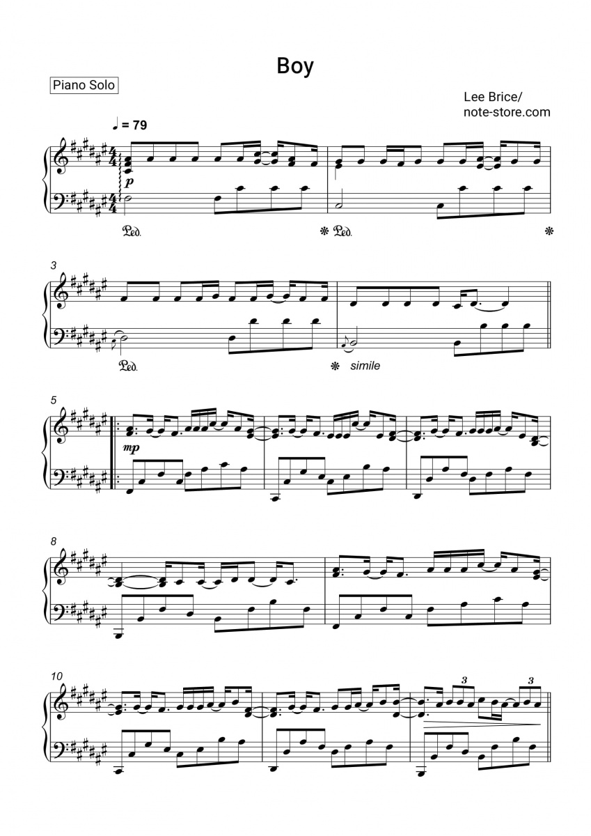 Lee Brice - Boy sheet music for piano download  SKU PSO0032904  at