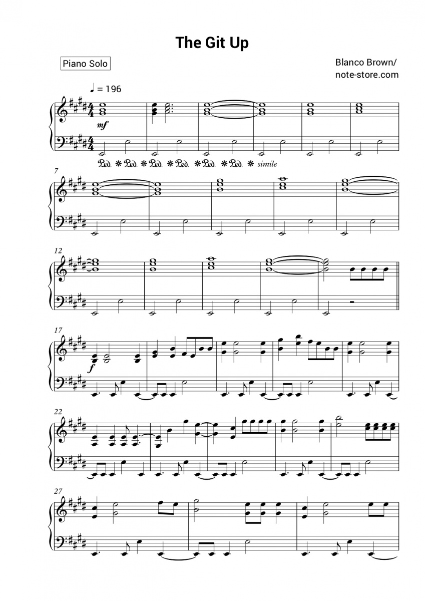 Blanco Brown - The Git Up sheet music for piano download | Piano.Solo