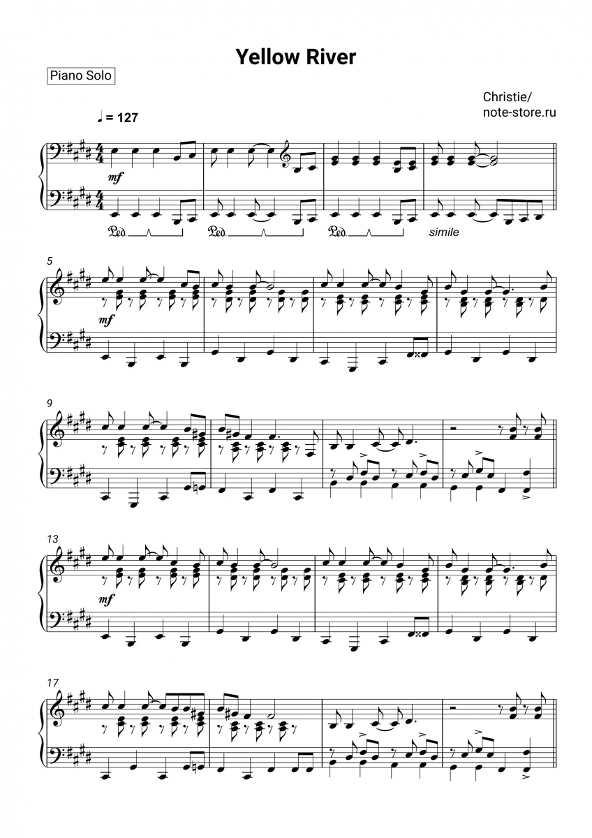 Christie Yellow River Sheet Music For Piano Download Piano Solo SKU