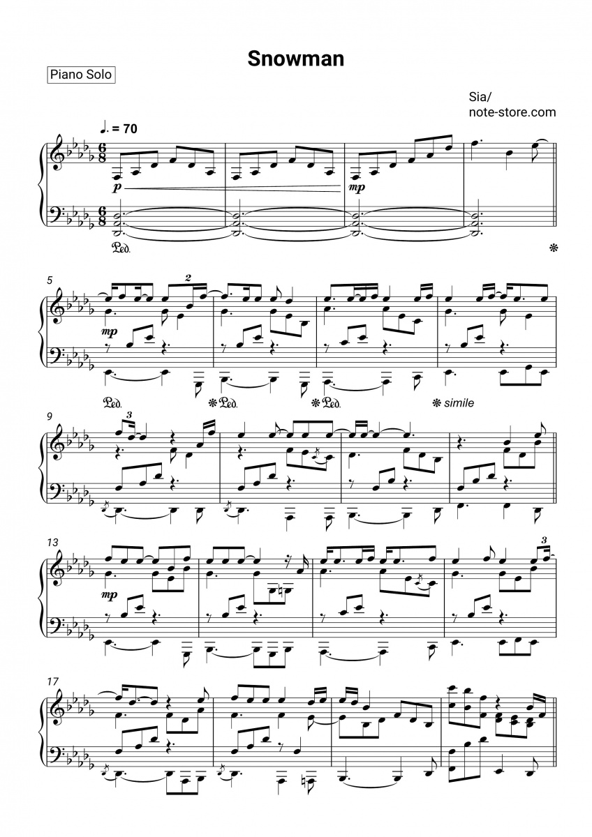 Sia - Snowman piano sheet music