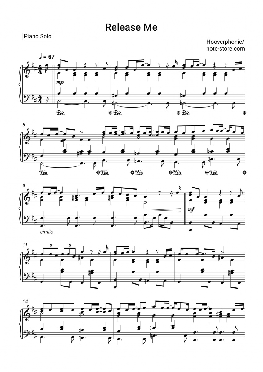 Hooverphonic - Release Me piano sheet music