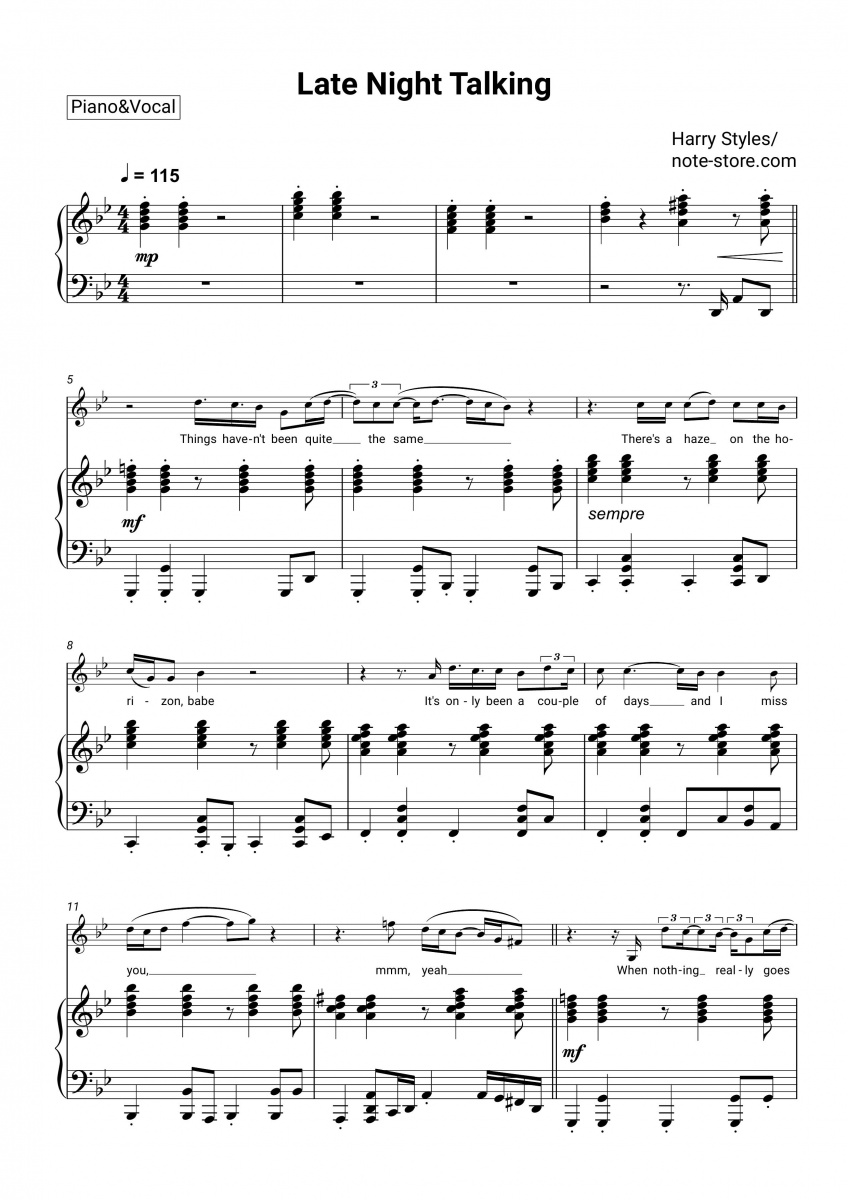 Harry Styles Late Night Talking Sheet Music For Piano With Letters Download Pianoandvocal Sku 4750