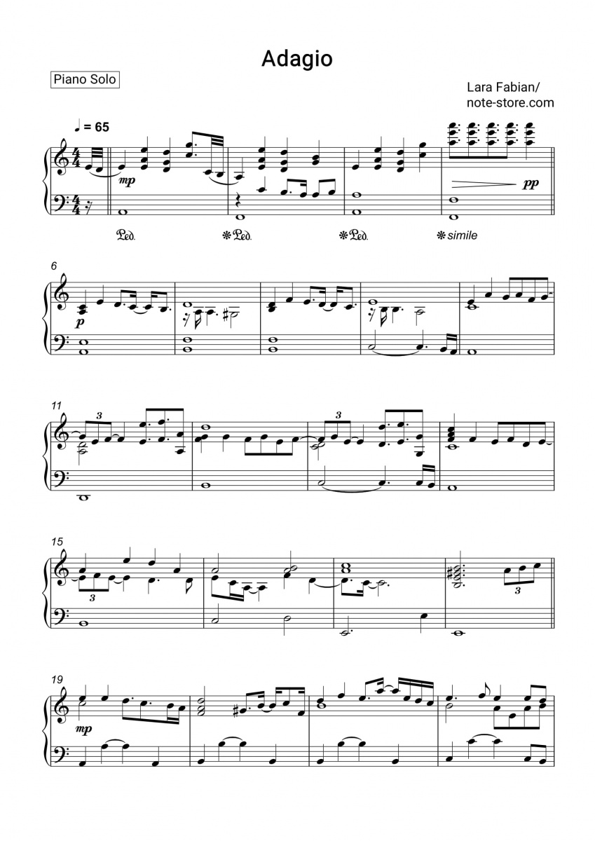 Lara Fabian - Adagio piano sheet music