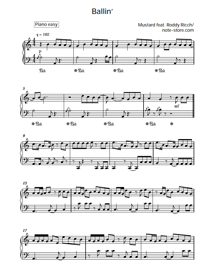 Mustard Roddy Ricch Ballin Sheet Music For Piano Download Piano Easy Sku Pea0017531 At Note Store Com