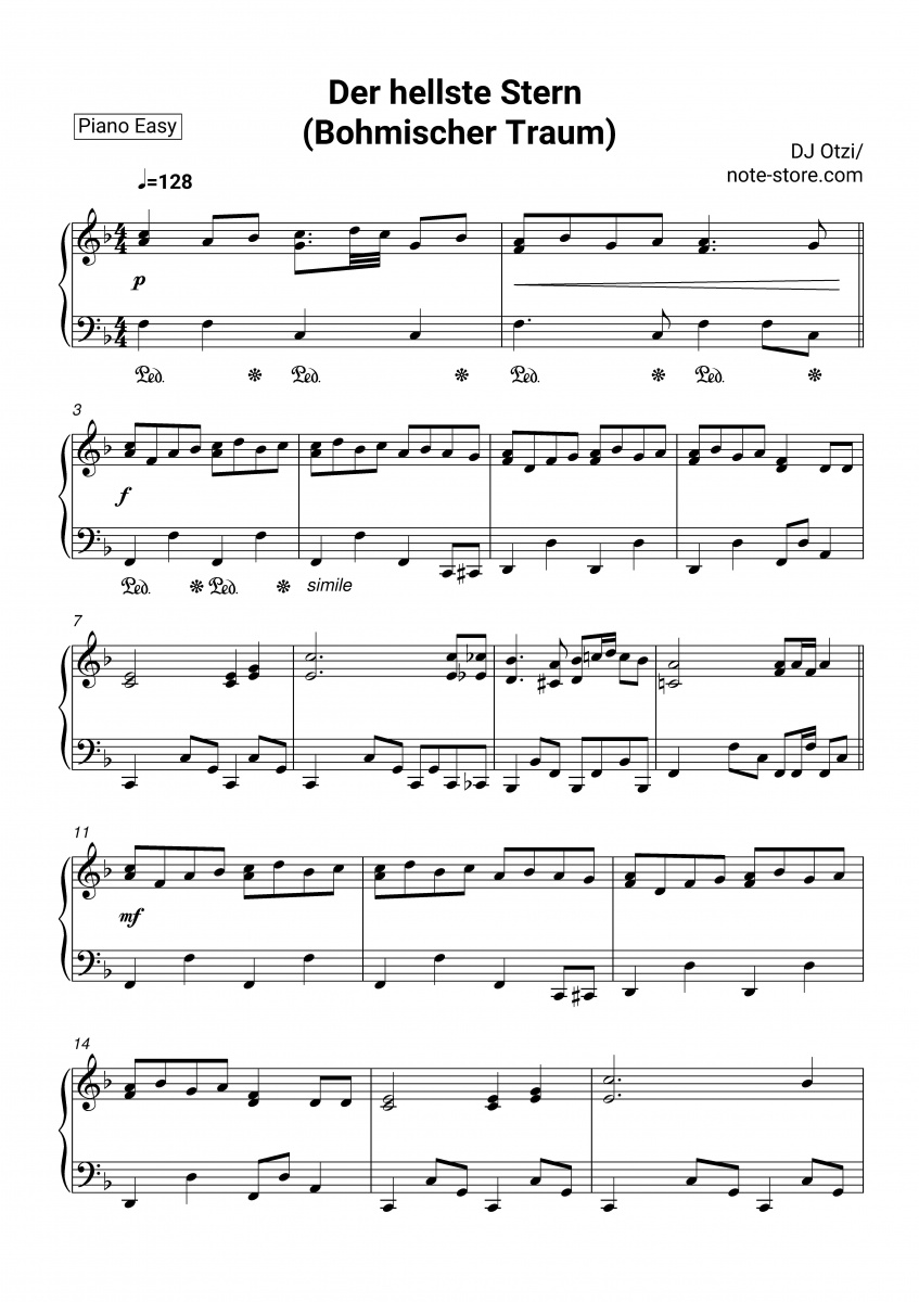 Dj Otzi Der Hellste Stern Bohmischer Traum Sheet Music For Piano Download Piano Easy Sku Pea0030744 At Note Store Com