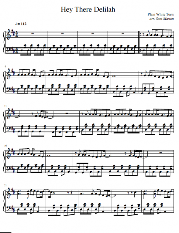 Muy enojado Orientar Rizado Plain White T's - Hey There Delilah sheet music for piano download | Piano.Solo  SKU PSO0010802 at