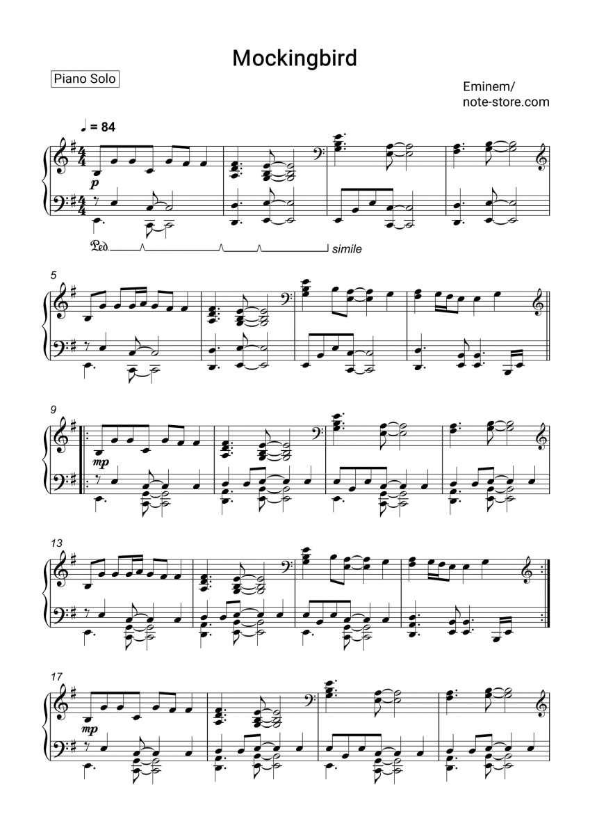 Eminem Mockingbird Sheet Music For Piano Download Pianosolo Sku 