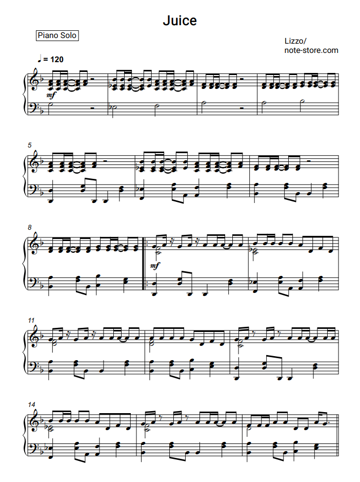 Lizzo Juice Sheet Music For Piano Download Piano Solo Sku