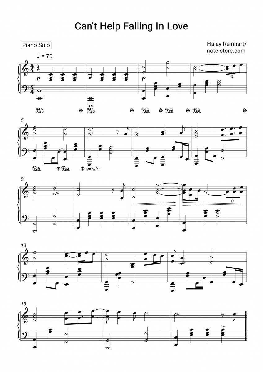 Haley Reinhart Can T Help Falling In Love Sheet Music For Piano Download Piano Solo Sku Pso At Note Store Com