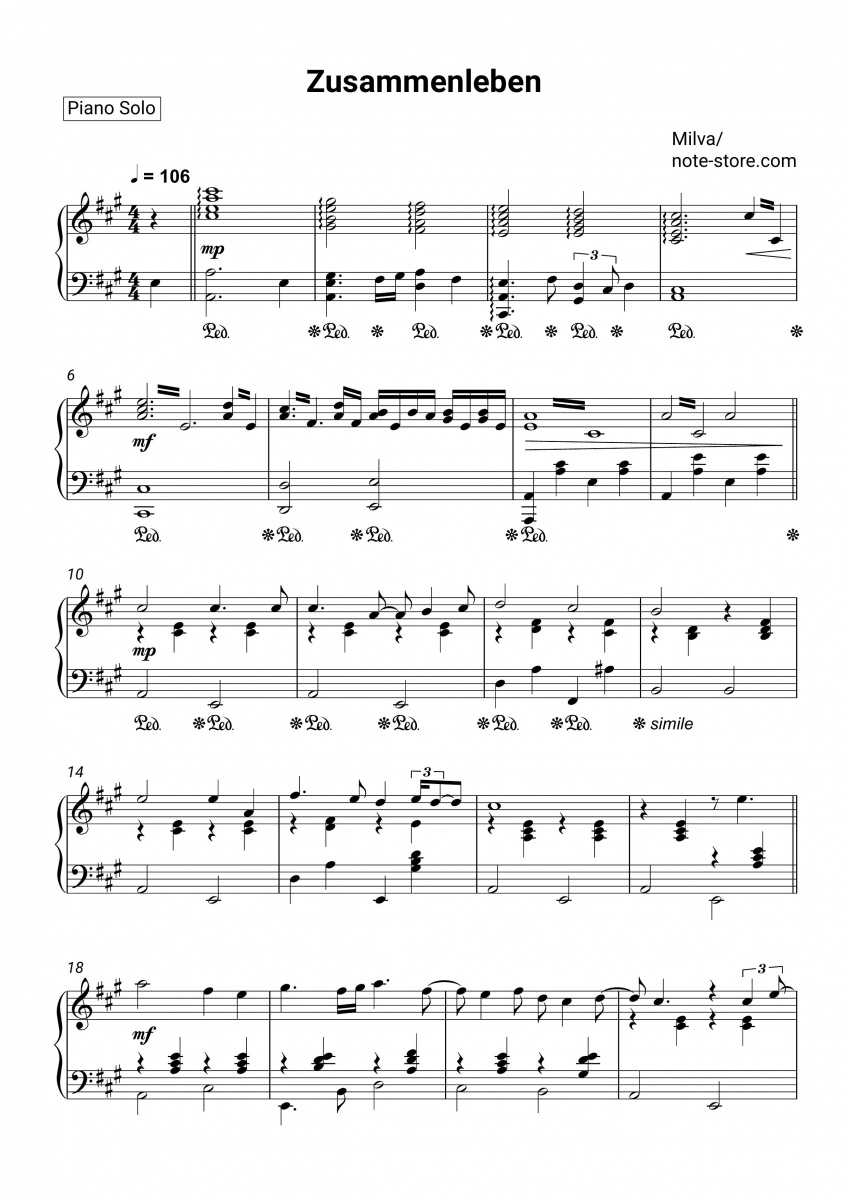 Milva - Zusammenleben sheet music for piano download | Piano.Solo SKU ...