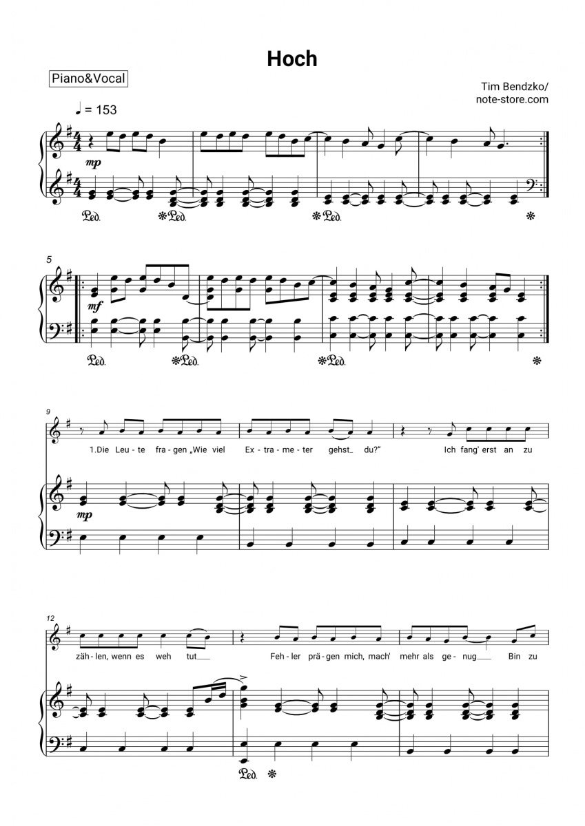 Tim Bendzko - sheet music piano with letters download | Piano&Vocal PVO0024358 at