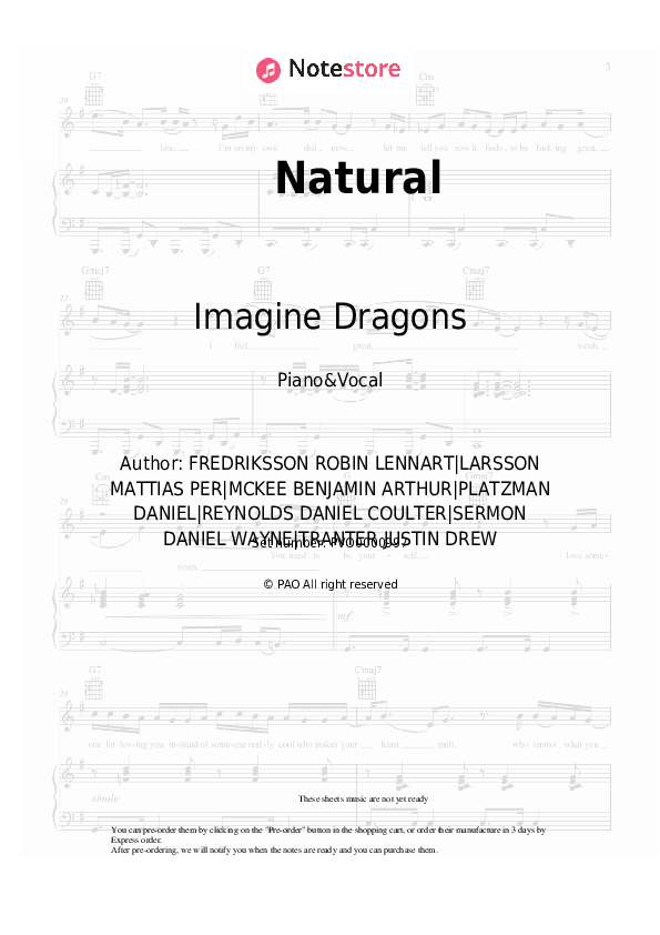 Natural - Imagine Dragons Piano Sheet Music with the Voice part - Piano&Vocal