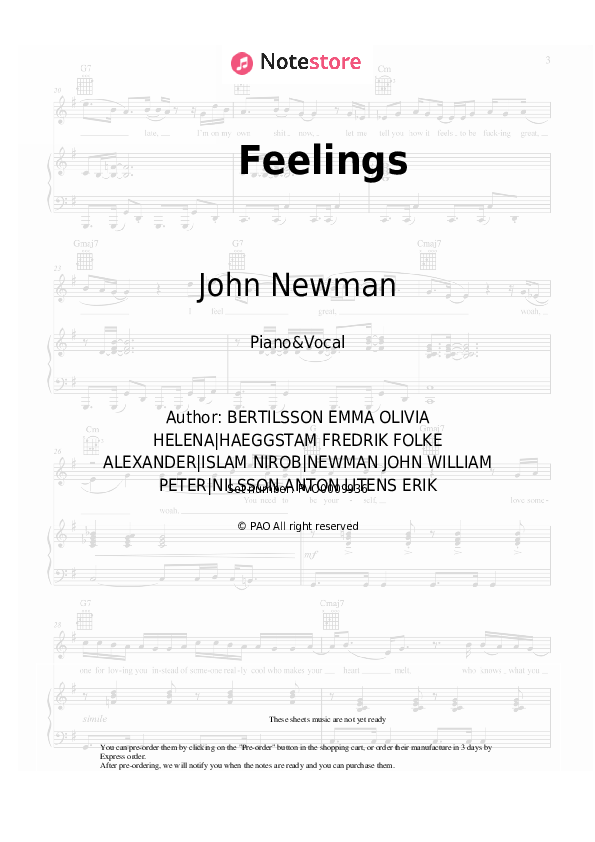 Sheet music with the voice part John Newman - Feelings - Piano&Vocal