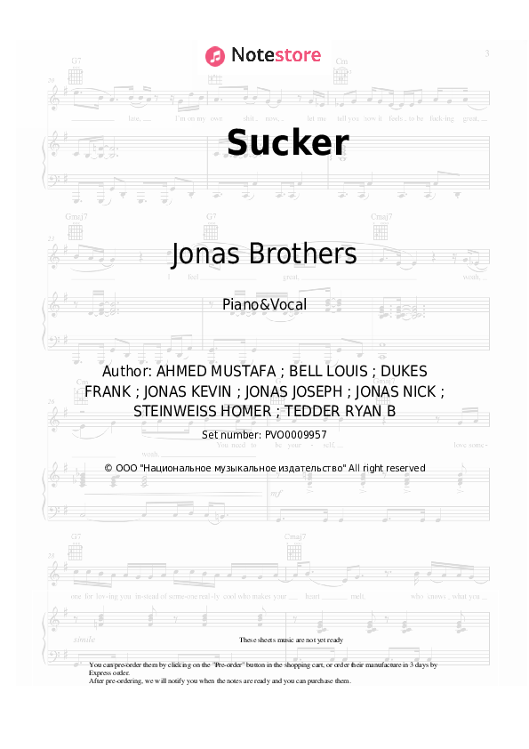 Sucker - Jonas Brothers Piano Sheet Music with the Voice part - Piano&Vocal