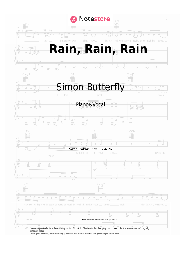 Sheet music with the voice part Simon Butterfly - Rain, Rain, Rain - Piano&Vocal