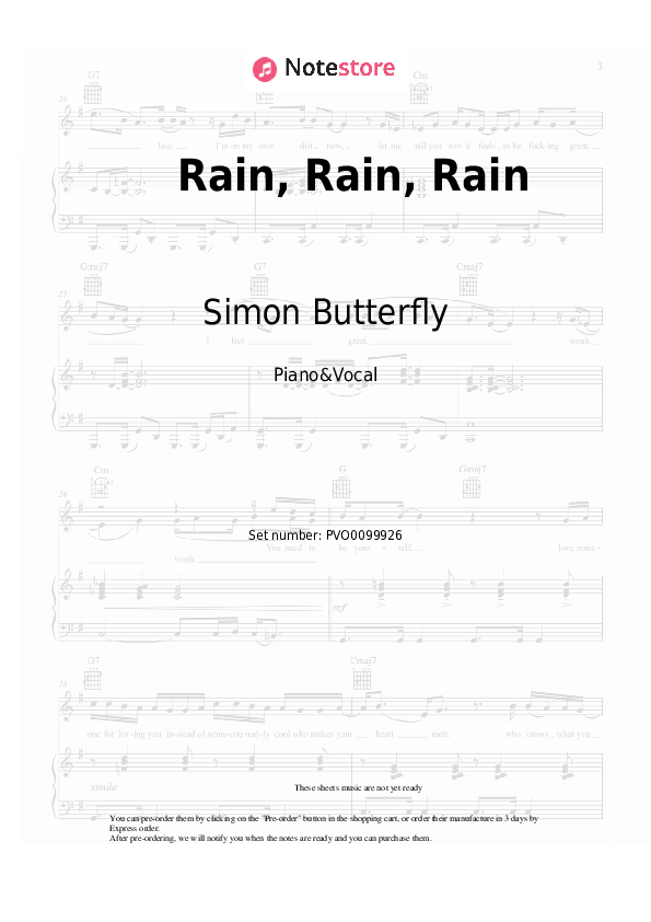 Rain, Rain, Rain - Simon Butterfly Piano Sheet Music with the Voice part - Piano&Vocal