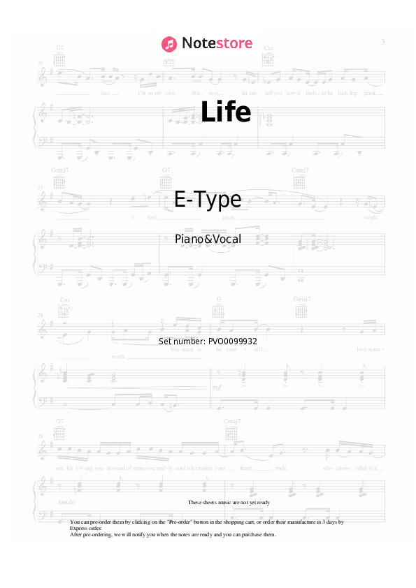 Sheet music with the voice part E-Type - Life - Piano&Vocal