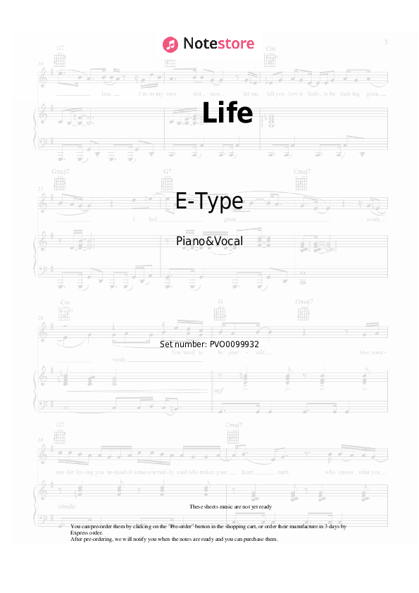 Life - E-Type Piano Sheet Music with the Voice part - Piano&Vocal