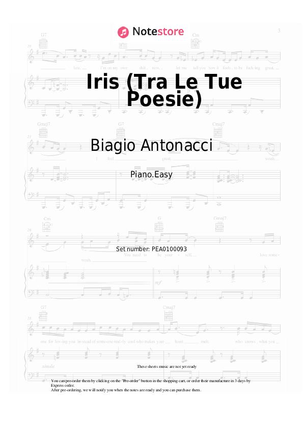 Easy sheet music Biagio Antonacci - Iris (Tra Le Tue Poesie) - Piano.Easy
