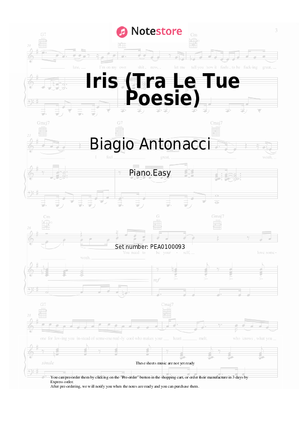 Iris (Tra Le Tue Poesie) - Biagio Antonacci Piano Sheet Music Easy - Piano.Easy