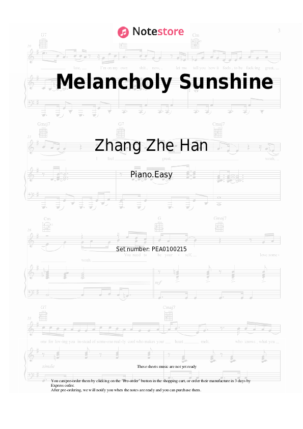 Melancholy Sunshine - Zhang Zhe Han Piano Sheet Music Easy - Piano.Easy