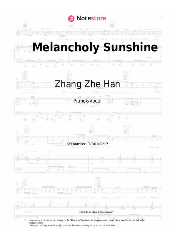 Sheet music with the voice part Zhang Zhe Han - Melancholy Sunshine - Piano&Vocal