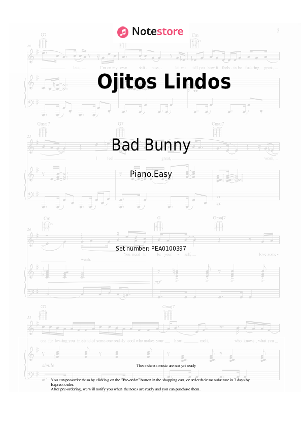Easy sheet music Bad Bunny - Ojitos Lindos - Piano.Easy