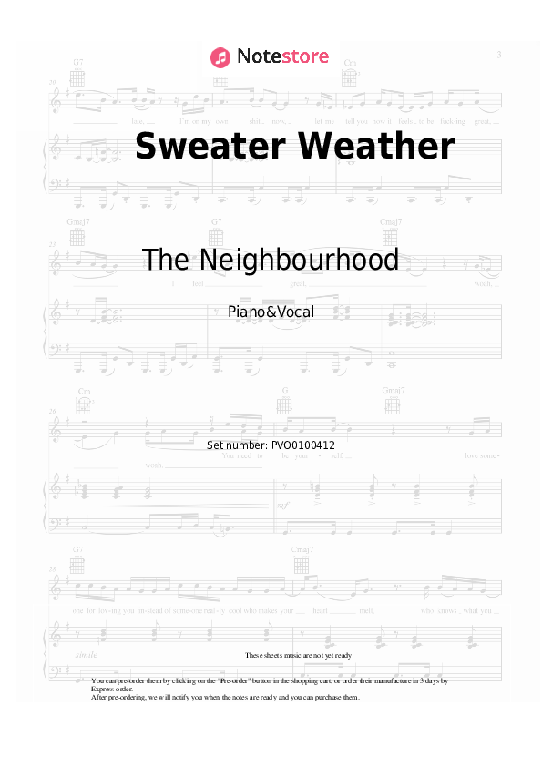 Sweater Weather - The Neighbourhood Piano Sheet Music with the Voice part - Piano&Vocal