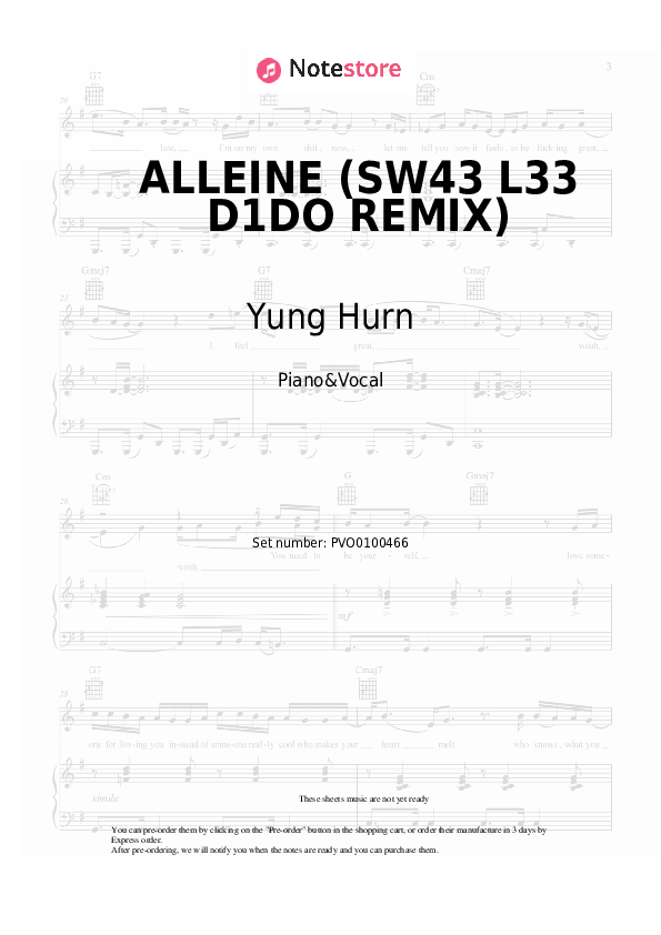 Sheet music with the voice part Yung Hurn - ALLEINE (SW43 L33 D1DO REMIX) - Piano&Vocal