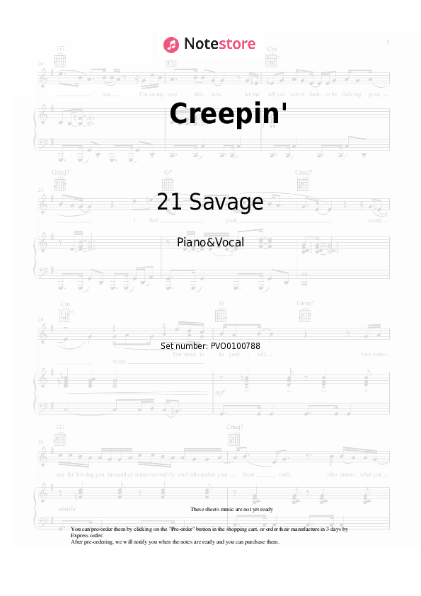 Creepin' - Metro Boomin, The Weeknd, 21 Savage Piano Sheet Music with the Voice part - Piano&Vocal