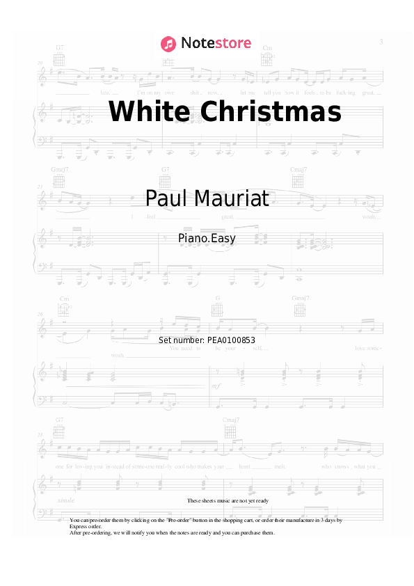 Easy sheet music Paul Mauriat - White Christmas - Piano.Easy
