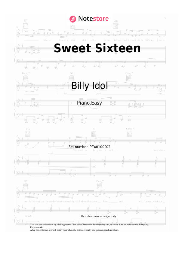 Easy sheet music Billy Idol - Sweet Sixteen - Piano.Easy