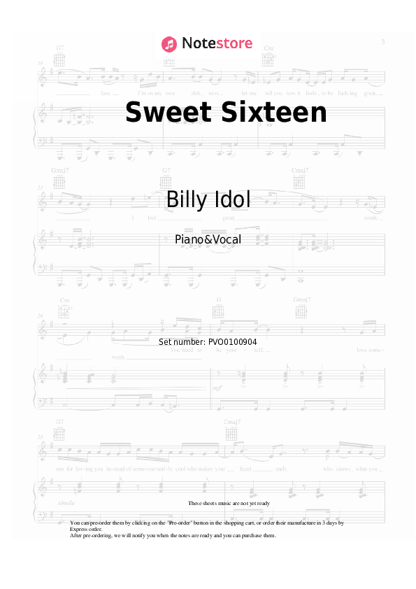 Sheet music with the voice part Billy Idol - Sweet Sixteen - Piano&Vocal