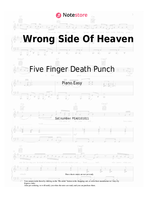 Easy sheet music Five Finger Death Punch - Wrong Side Of Heaven - Piano.Easy