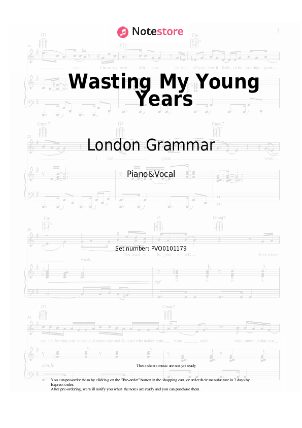 Sheet music with the voice part London Grammar - Wasting My Young Years - Piano&Vocal
