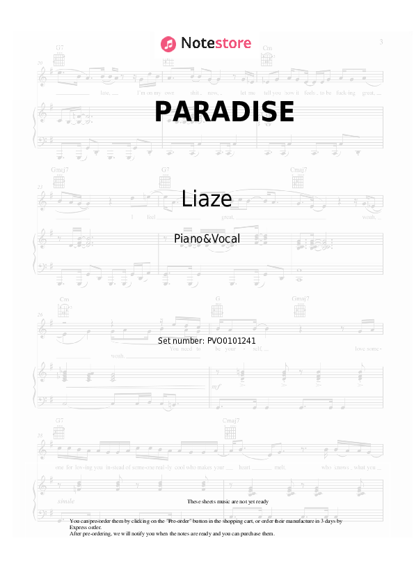 PARADISE - Liaze Piano Sheet Music with the Voice part - Piano&Vocal