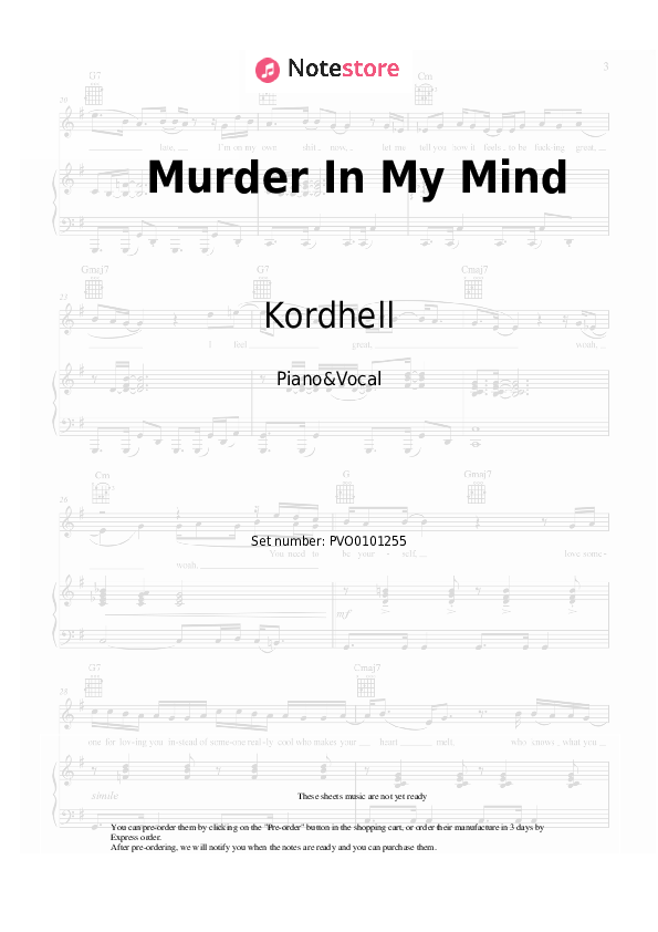 Murder In My Mind - Kordhell Piano Sheet Music with the Voice part - Piano&Vocal