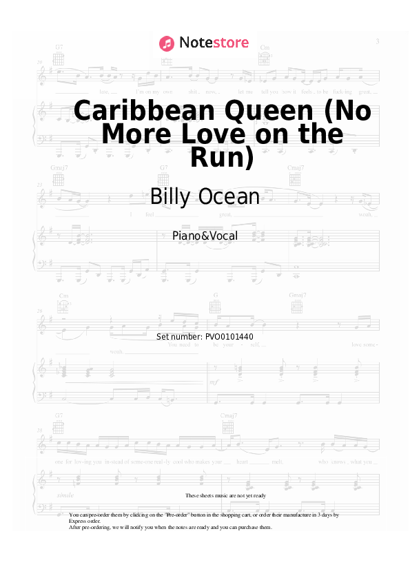 Sheet music with the voice part Billy Ocean - Caribbean Queen (No More Love on the Run) - Piano&Vocal